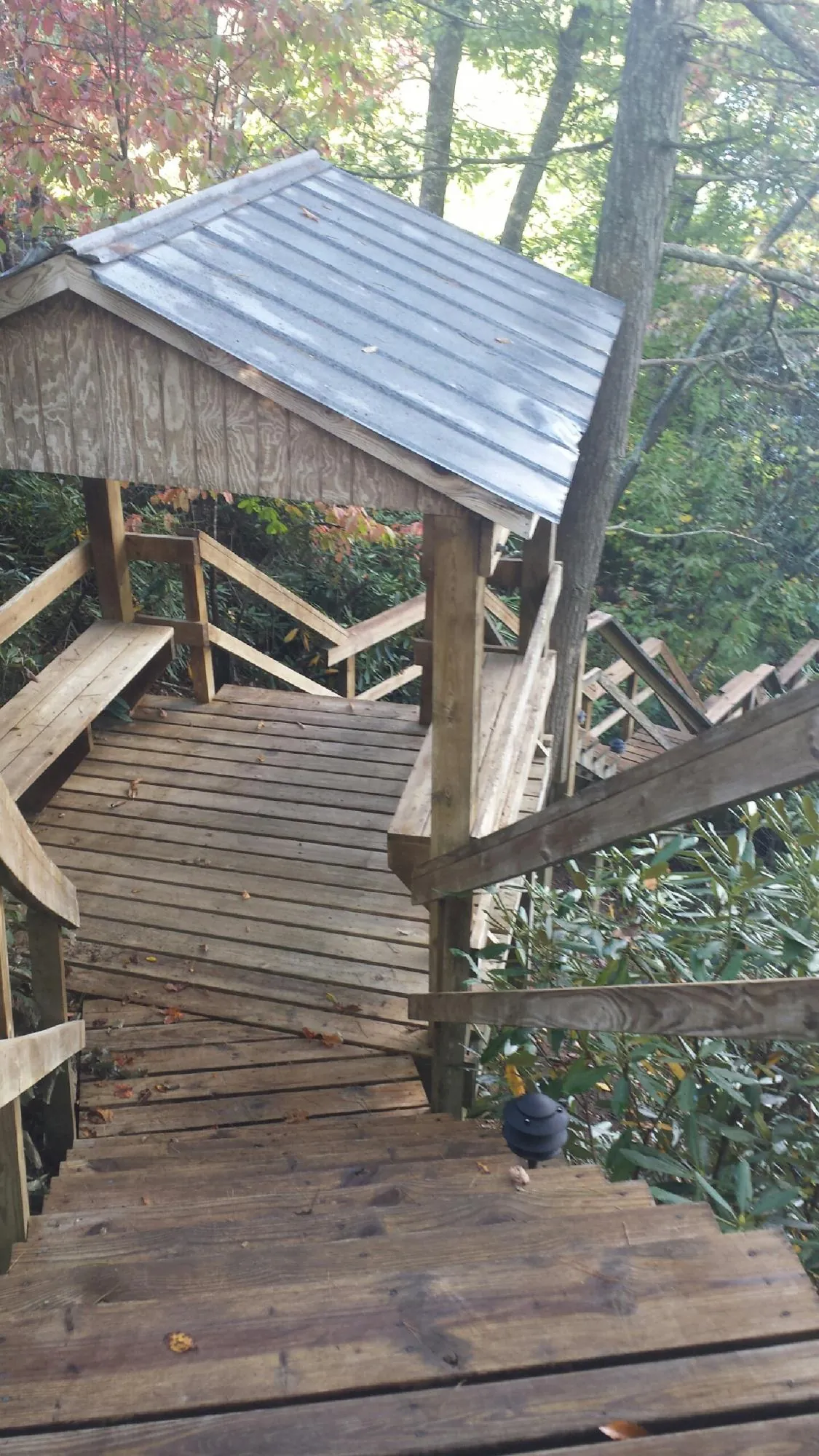 Metal roofed shelter over wooden steps on a wooded walkway — Skylight Repair & Installation work by our crew in Helenwood